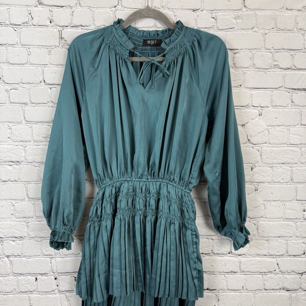 Reset By Jane Women Lana Dress in Teal Blue Size S Long Sleeves Pleated Feminine - Picture 4 of 13
